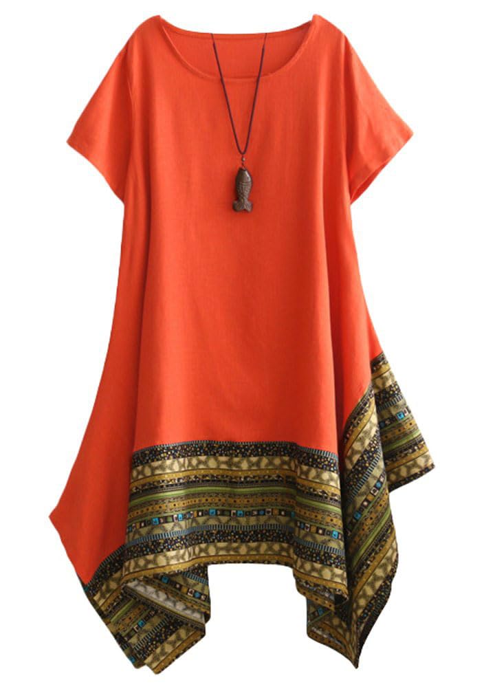 Minibee Women's Ethnic Cotton Linen Short Sleeves Irregular Tunic Dress (L, Orange) - Image 1